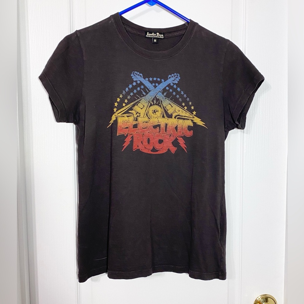 Y2K VTG Lucky Brand USA MADE Electric Rock Guitar Graphic Tee Charcoal Sz Medium
